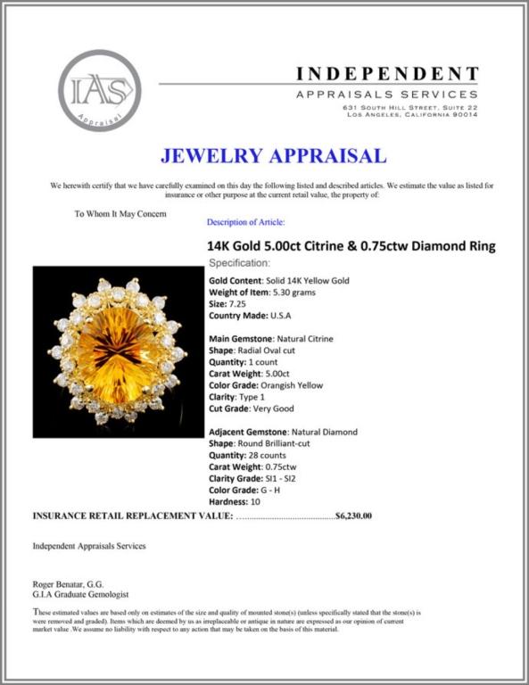 14K Gold 5.00ct Citrine & 0.75ctw Diamond Ring