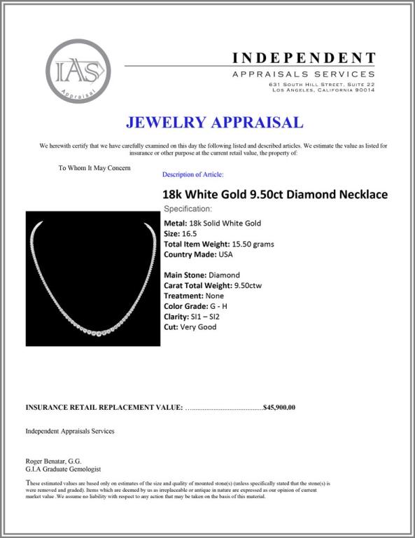 18k White Gold 9.50ct Diamond Necklace