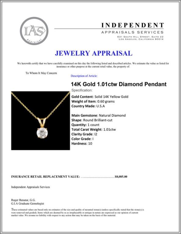 14K Gold 1.01ctw Diamond Pendant