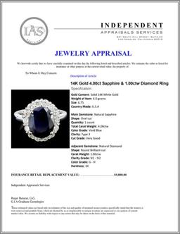 14K Gold 4.00ct Sapphire & 1.00ctw Diamond Ring