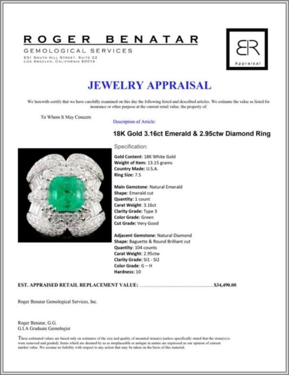 18K Gold 3.16ct Emerald & 2.95ctw Diamond Ring