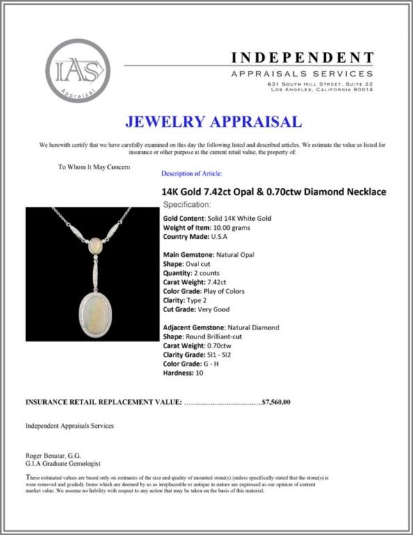 14K Gold 7.42ct Opal & 0.70ctw Diamond Necklace