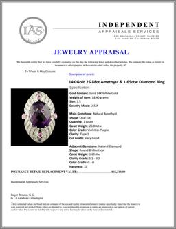 14K Gold 25.88ct Amethyst & 1.65ctw Diamond Ring