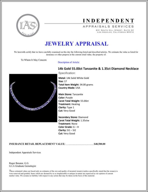 14k Gold 55.00ct Tanzanite & 1.35ct Diamond Neckl