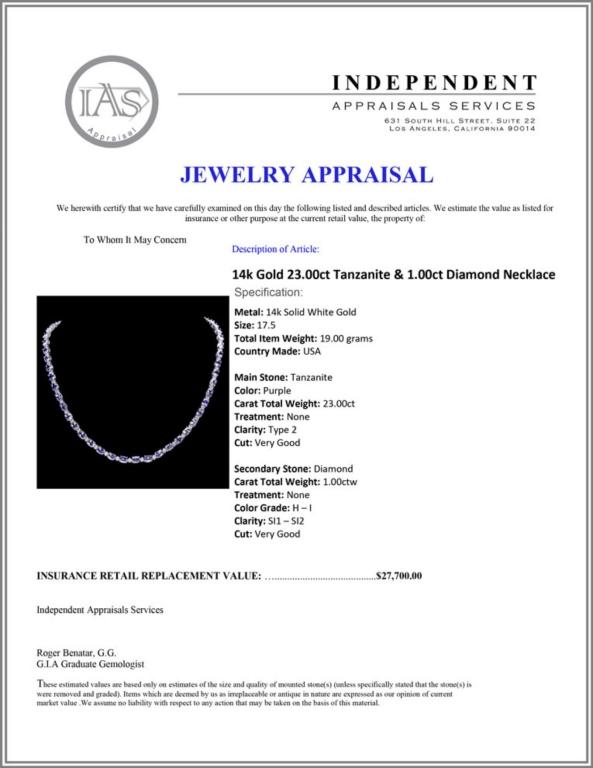 14k Gold 23.00ct Tanzanite & 1.00ct Diam Necklace