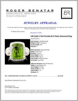 14K Gold 5.74ct Peridot & 0.74ctw Diamond Ring