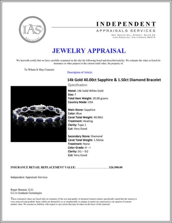14k Gold 40.00ct Sapphire & 1.50ct Diamond Bracel