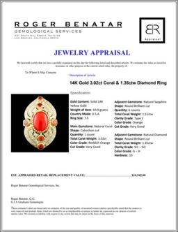 14K Gold 3.02ct Coral & 1.35ctw Diamond Ring