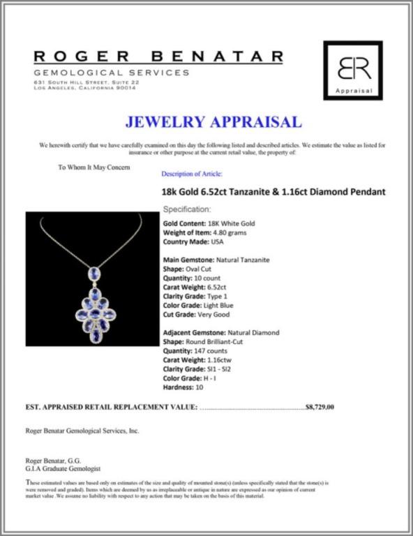 18k Gold 6.52ct Tanzanite & 1.16ct Diamond Pendant
