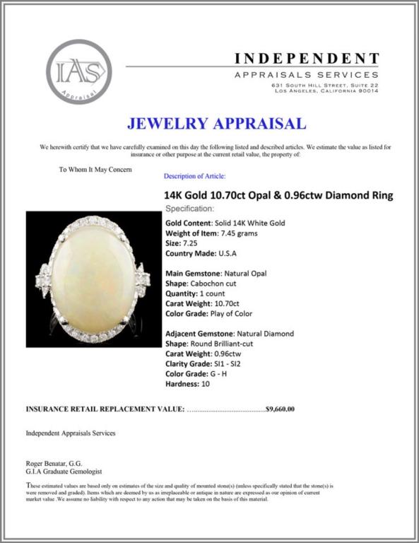 14K Gold 10.70ct Opal & 0.96ctw Diamond Ring