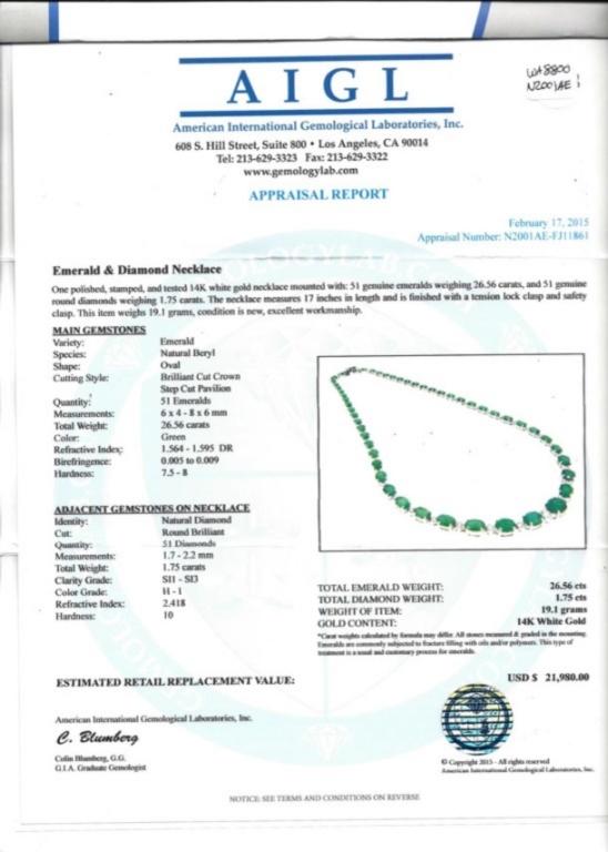 14K Gold 26.56ctw Emerald & 1.75ctw Diamond Neckla