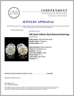 14K Gold 3.00ctw Stud Diamond Earrings