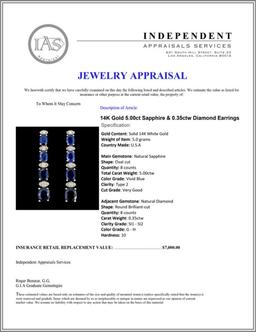 14K Gold 5.00ct Sapphire & 0.35ctw Diamond Earring