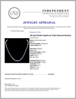 14k Gold 30.00ct Sapphire & 1.00ct Diam Necklace