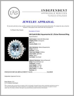 14K Gold 8.00ct Aquamarine & 1.25ctw Diamond Ring