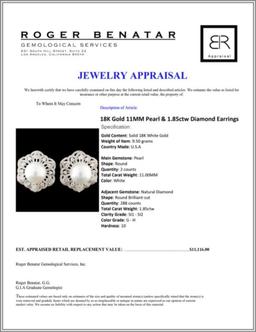 18K Gold 11MM Pearl & 1.85ctw Diamond Earrings