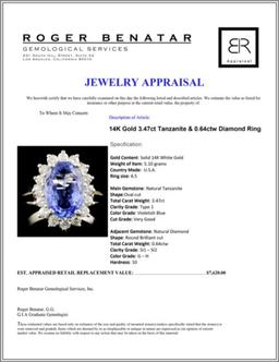 14K Gold 3.47ct Tanzanite & 0.64ctw Diamond Ring