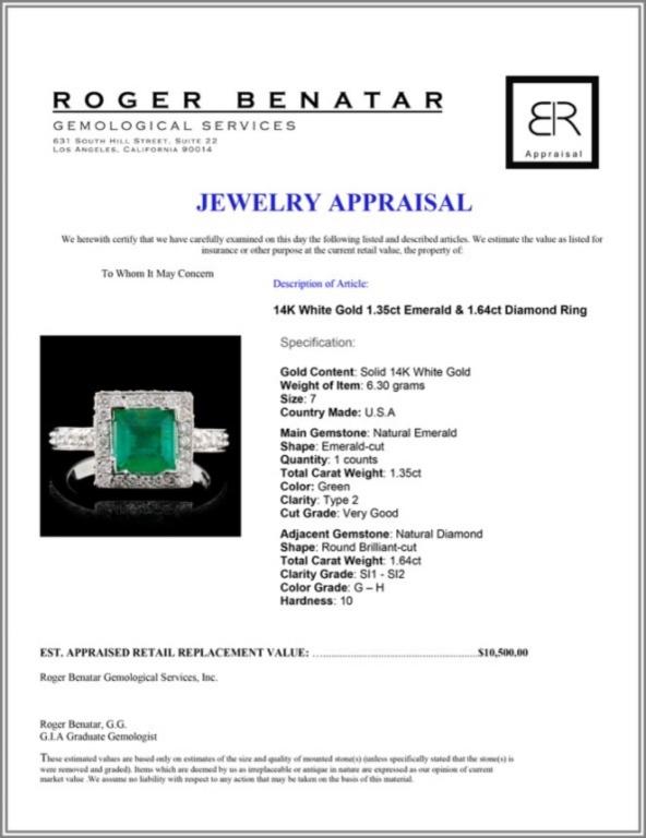 14K White Gold 1.35ct Emerald & 1.64ct Diamond Rin