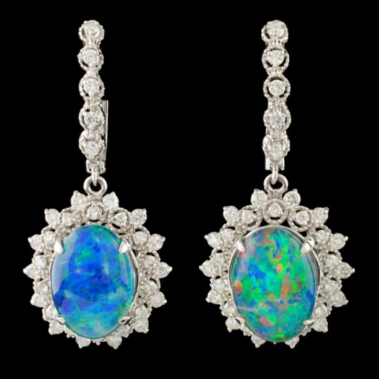 14K Gold 10.00ct Opal & 1.70ctw Diamond Earrings