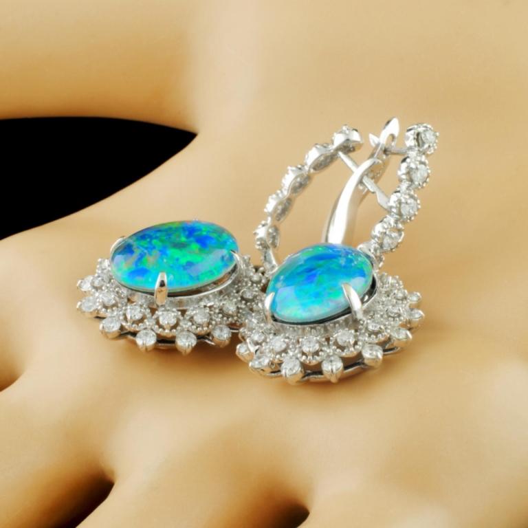 14K Gold 10.00ct Opal & 1.70ctw Diamond Earrings