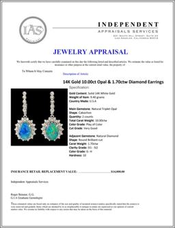 14K Gold 10.00ct Opal & 1.70ctw Diamond Earrings