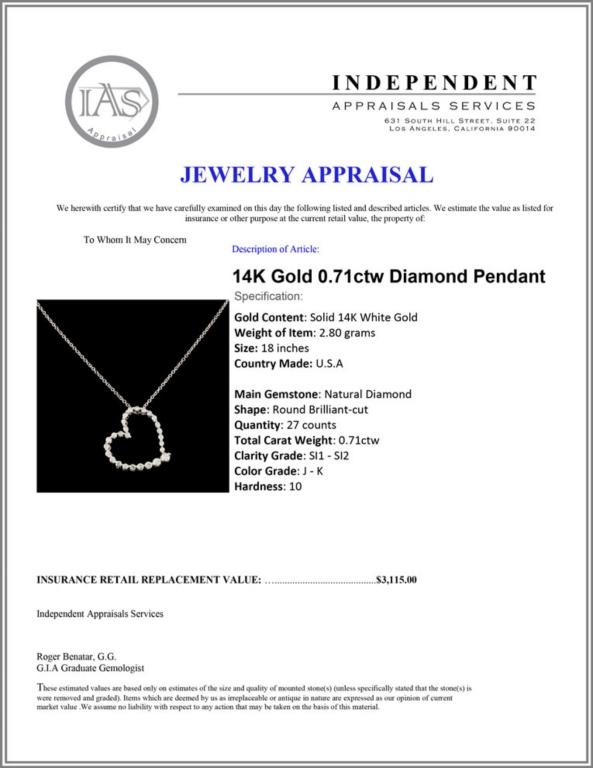 14K Gold 0.71ctw Diamond Pendant