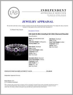 14k Gold 45.00ct Amethyst & 0.50ct Diamond Bracel