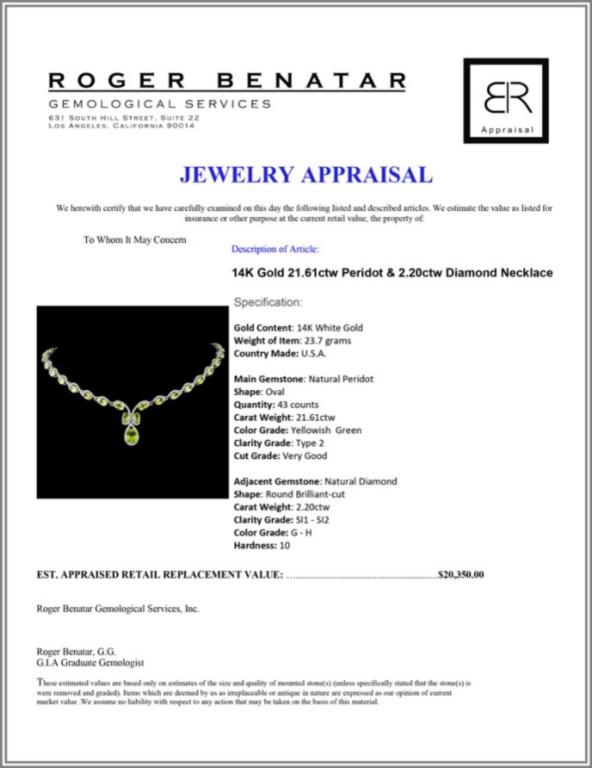 14K Gold 21.61ctw Peridot & 2.20ctw Diamond Neckla