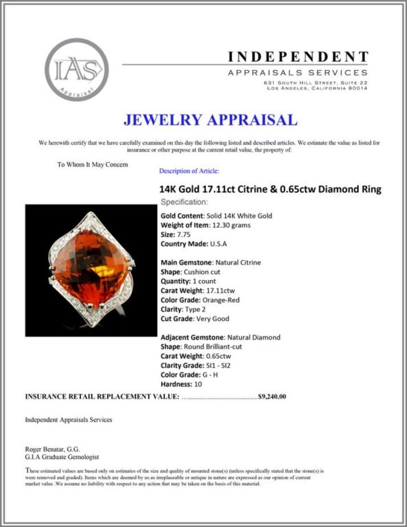 14K Gold 17.11ct Citrine & 0.65ctw Diamond Ring
