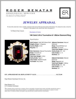 14K Gold 3.91ct Tourmaline & 1.69ctw Diamond Ring