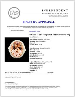 14K Gold 13.63ct Morganite & 1.55ctw Diamond Ring