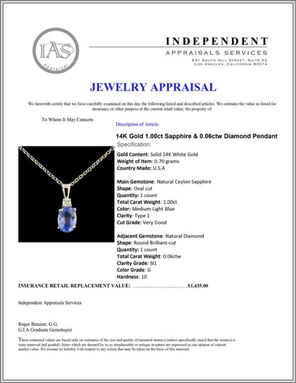 14K Gold 1.00ct Sapphire & 0.06ctw Diamond Pendant