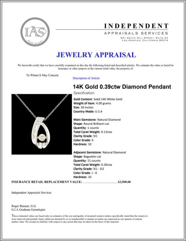 14K Gold 0.39ctw Diamond Pendant