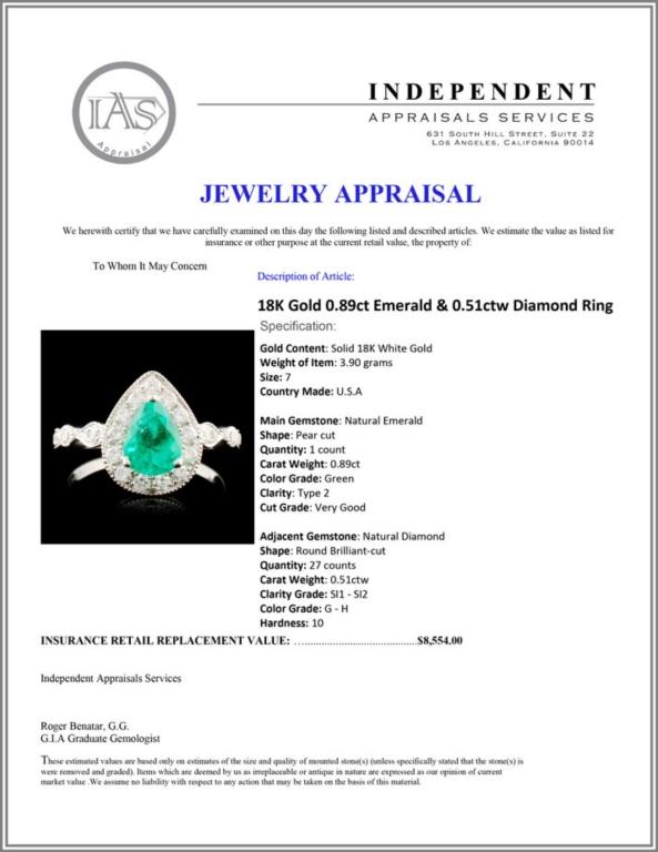 18K Gold 0.89ct Emerald & 0.51ctw Diamond Ring