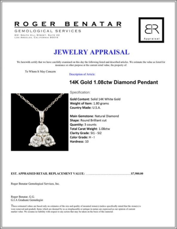 14K Gold 1.08ctw Diamond Pendant