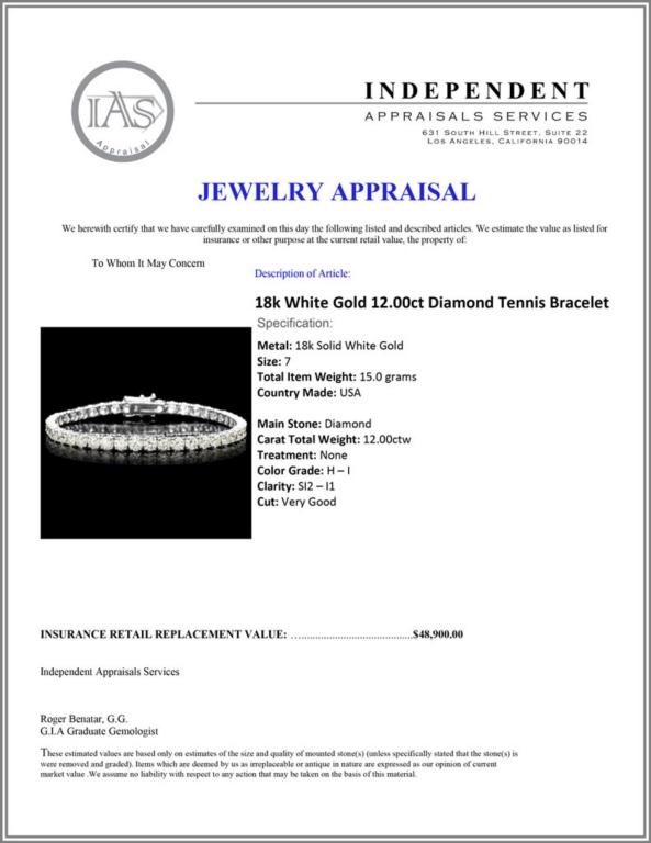 18k White Gold 12.00ct Diamond Tennis Bracelet