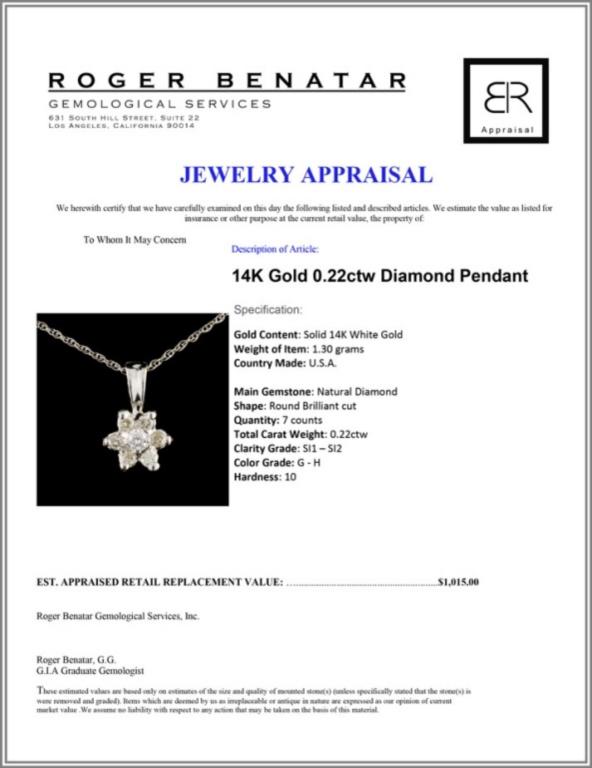 14K Gold 0.22ctw Diamond Pendant