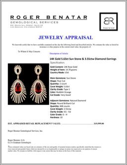 14K Gold 5.63ct Sun Stone & 3.55ctw Diamond Earrin