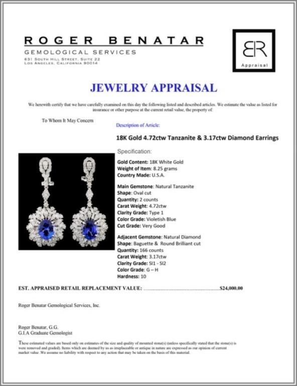 18K Gold 4.72ctw Tanzanite & 3.17ctw Diamond Earri