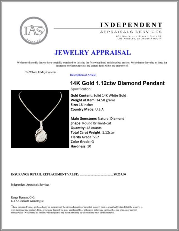 14K Gold 1.12ctw Diamond Pendant