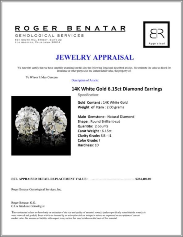 14K White Gold 6.15ct Diamond Earrings