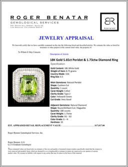 18K Gold 5.65ct Peridot & 1.73ctw Diamond Ring