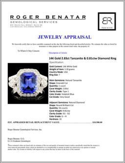 14K Gold 2.83ct Tanzanite & 0.81ctw Diamond Ring
