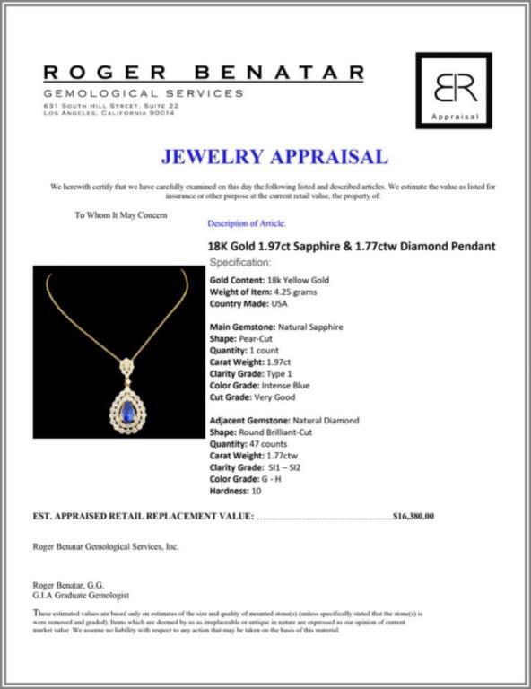 18K Gold 1.97ct Sapphire & 1.77ctw Diamond Pendant