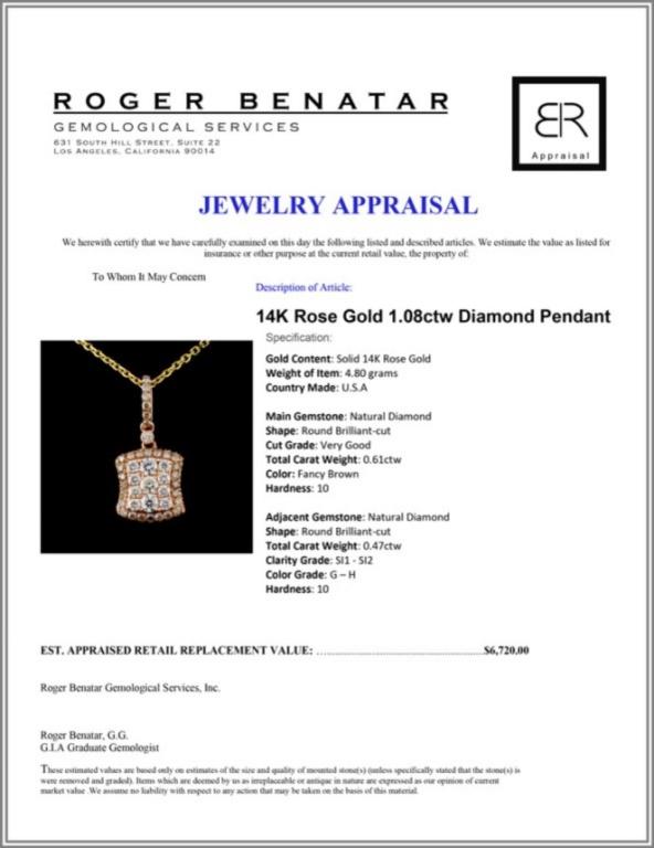 14K Rose Gold 1.08ctw Diamond Pendant