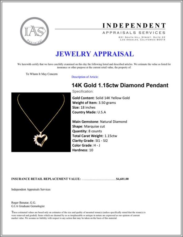 14K Gold 1.15ctw Diamond Pendant