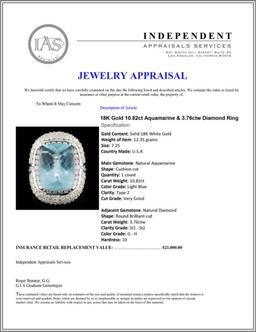 18K Gold 10.82ct Aquamarine & 3.76ctw Diamond Ring