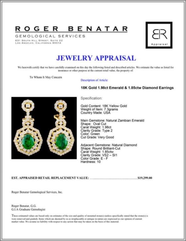 18K Gold 1.98ct Emerald & 1.85ctw Diamond Earrings