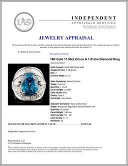 18K Gold 11.99ct Zircon & 1.81ctw Diamond Ring