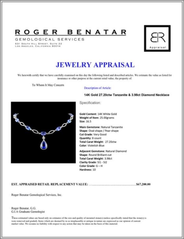 14K Gold 27.20ctw Tanzanite & 3.98ct Diamond Neckl